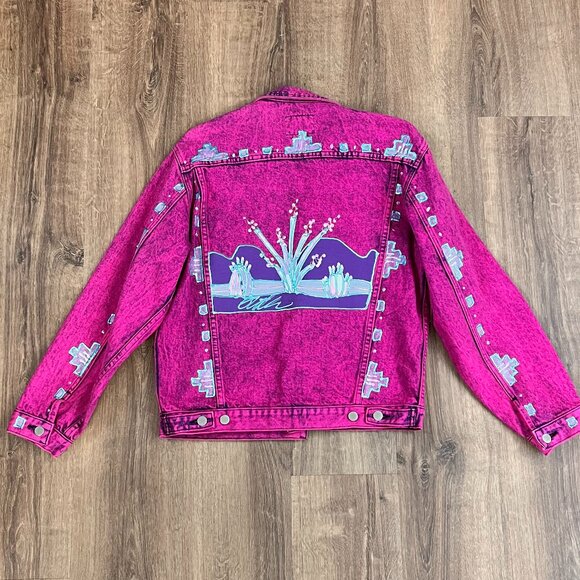 Vintage Sundance Denim Wear Jean Jacket Hand painted Southwestern Pink 80s 90s - Picture 6 of 12
